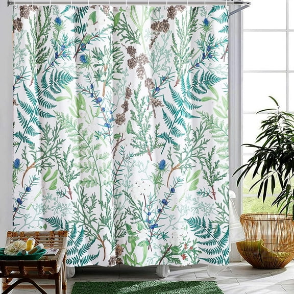 Cute Green Botanical Fabric Shower Curtain Boho Floral Plant Aesthetic Bathroom Decor, Wildflowers Greenery Herb Leaves Summer Spring Shower Curtain Set with Hooks Heavy Duty