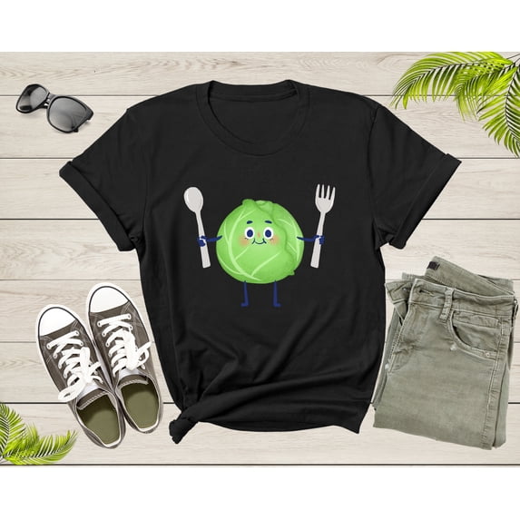 Cute Green Cabbage Vegetable Holding Fork and Spoon Standing T-Shirt Cabbage Lover Gift T Shirt for Men Women Kids Boys Girls Graphic Tshirt