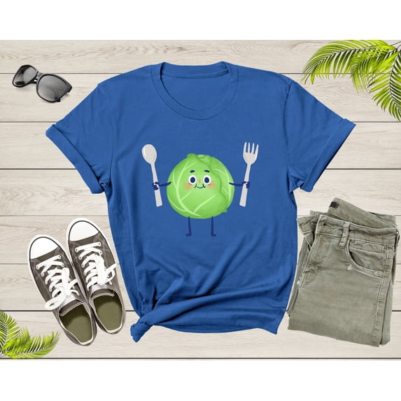 Cute Green Cabbage Vegetable Holding Fork and Spoon Standing T-Shirt Cabbage Lover Gift T Shirt for Men Women Kids Boys Girls Graphic Tshirt