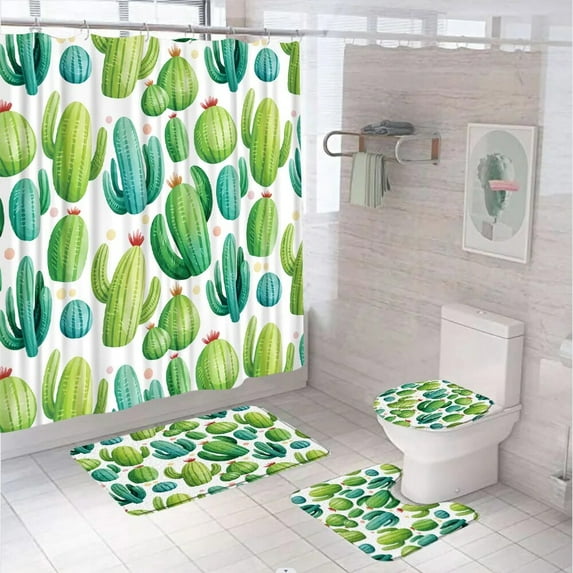 Cute Green Cactus Shower Curtain Set with Rug Toilet Lid Cover Bath Mat Summer Kids Hipster Houseplant Fabric Bathroom Curtains