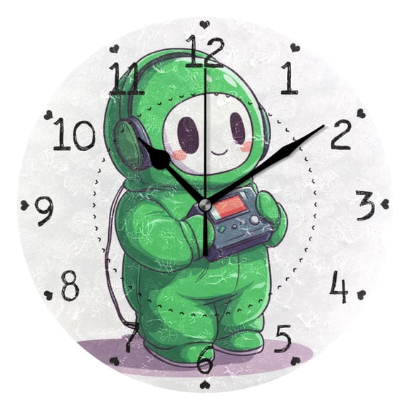 Cute Green Character with Walkman Round Wall Clock Silent Analog Battery Operated Black Pointer Home Decor 9.84" Diameter