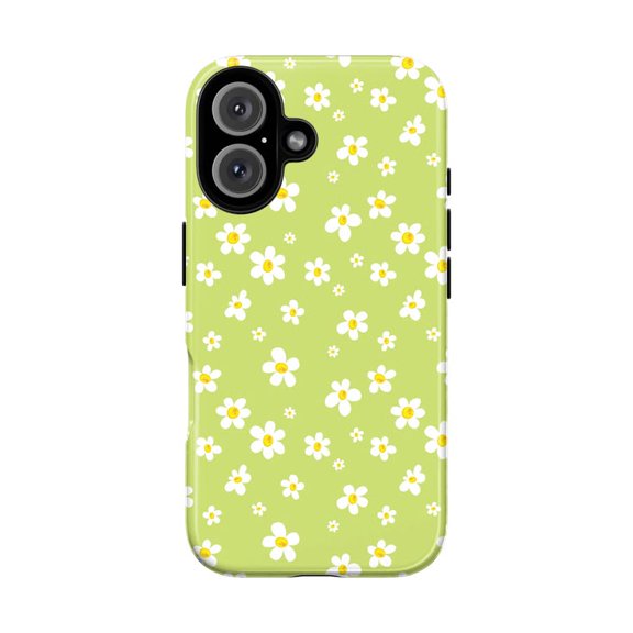 Cute Green Daisy Floral Phone Case, Aesthetic White Flower Pattern Cottagecore Cover for iPhone 17 16 15 14 13 12 11 Plus Pro Max Mini