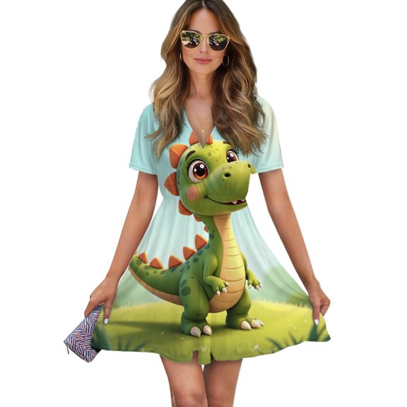 Cute Green Dino With Orange Spikes Women Dress V-Neck Short Sleeve Flowy Swing Party Midi Dress