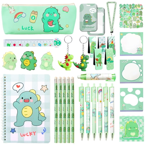 Cute Green Dinosaur Stationery Set,Kawaii Stationery Christmas Birthday Gifts,Includes Sticky Notes,Pencil,Eraser,A5 Notebook,Stickers,ID Badge Holder,Ruler