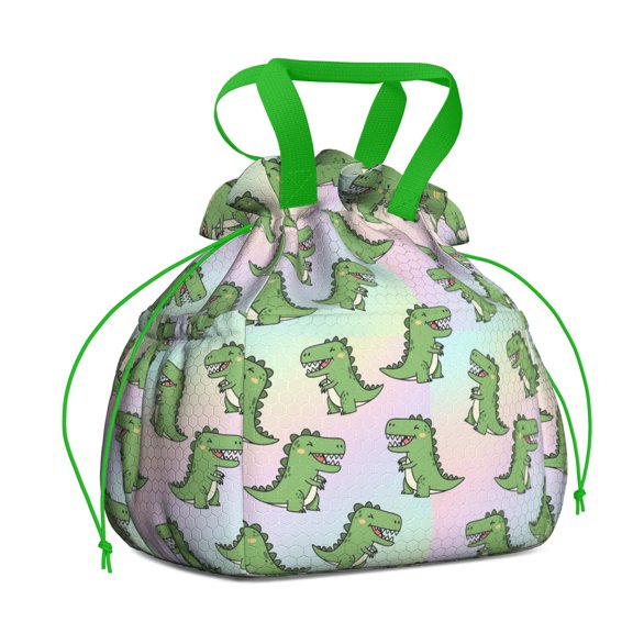 Cute Green Dinosaurs Gradient Pattern Drawstring Lunch Bag Women - Drawstring Lunch Bag Insulated for Work Office - Stain-Resistant Large Lunchbags for Women with Multi-Pockets