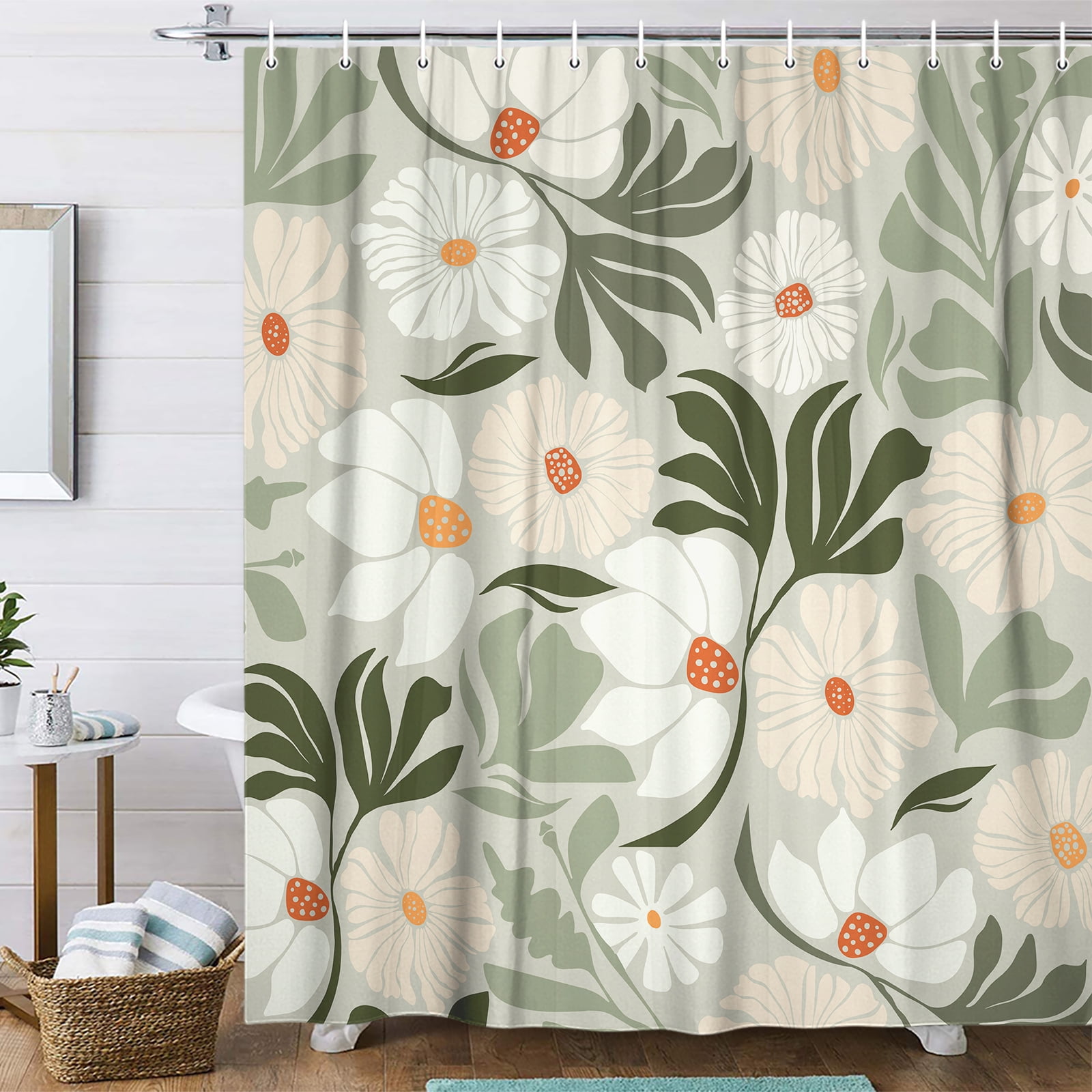 Cute Green Floral Shower Curtain for Aesthetic Bathroom Decor, Vintage Boho Farmhouse Modern Trendy Flowers Botanical Shower Curtain, Dark Green Plant Shower Curtain with 12PCS Hooks, 70X70IN