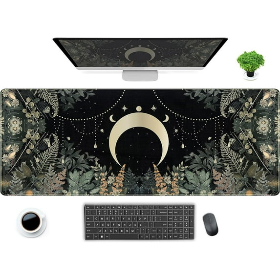 Cute Green Forest leaves Desk Mat Whimsical Moon Mousepad XL Large Extended Gaming Mouse Pad with Stitched Edges, Computer Laptop Keyboard Mouse Mat Desk Pad 31.5x11.8 in Non-Slip Rubber Base