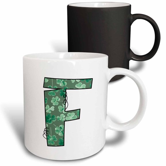 3drose, Cute Green Four Leaf Clover Curly Cue Monogram Initial F, 11oz Magic Transforming Mug