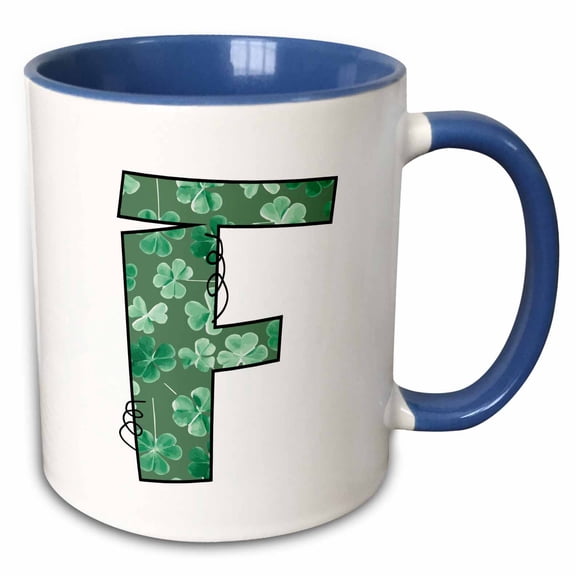 3drose, Cute Green Four Leaf Clover Curly Cue Monogram Initial F, 11oz Two-tone Blue Mug