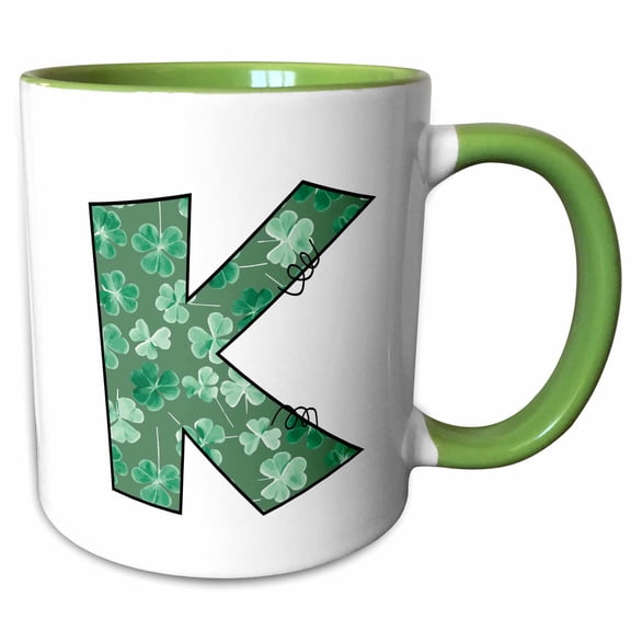 3drose, Cute Green Four Leaf Clover Curly Cue Monogram Initial K, 11oz Two-tone Green Mug