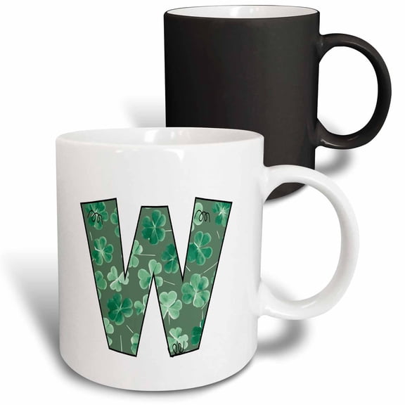 3drose, Cute Green Four Leaf Clover Curly Cue Monogram Initial W, 11oz Magic Transforming Mug