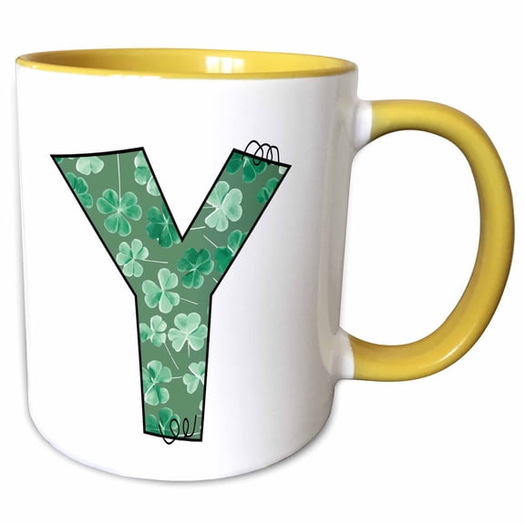 3drose, Cute Green Four Leaf Clover Curly Cue Monogram Initial Y, 11oz Two-tone Yellow Mug
