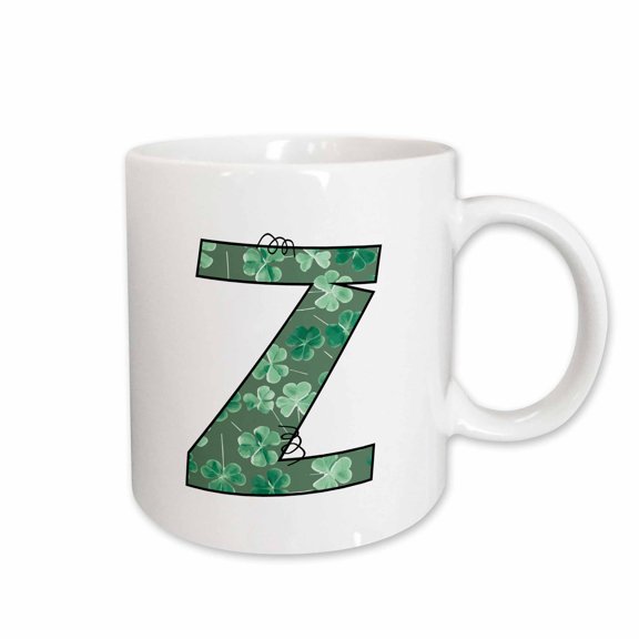 3drose, Cute Green Four Leaf Clover Curly Cue Monogram Initial Z, 11oz Mug
