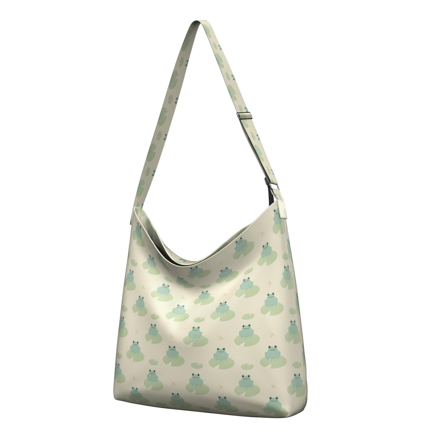 Cute Green Frog Canvas Tote Bag with Cartoon Mushroom and Flower Print ...