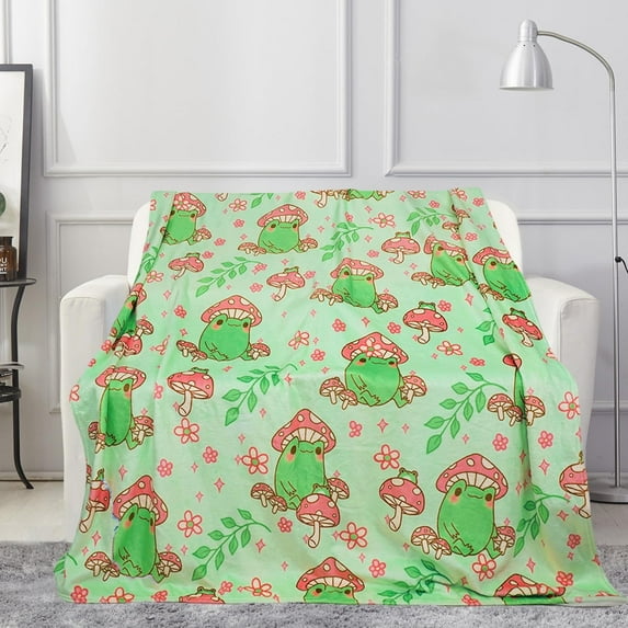 Cute Green Frog Mushroom Blanket, Flannel Blanket Soft and Cozy, Frog Gifts for Adult Kids Teens, Frog Mushroom Throw Blanket for Nap Bed Sofa Chair Home Decor 50x60inch