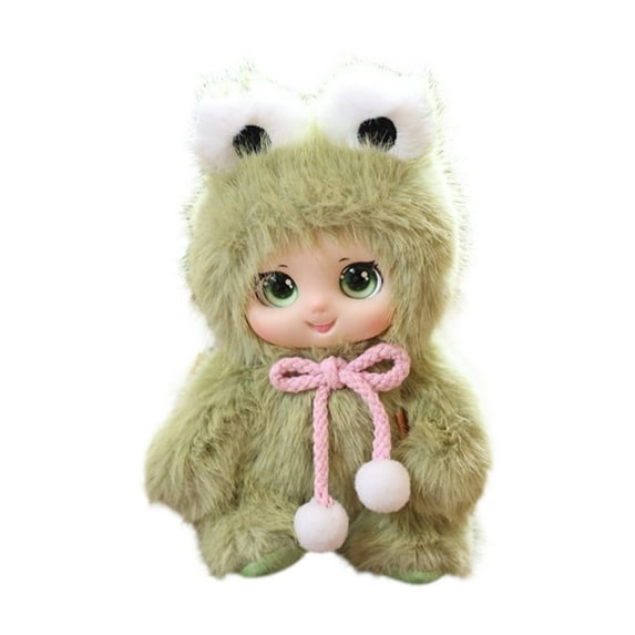 Cute Green Frog Plush Doll, Soft Fluffy Fabric & Vinyl Body, Super Deformed (Sd) Adorable Design with Big Eyes, Pink Bow & White Pom-Poms, Birthday Gift for Girls, Home Decoration, Collectible