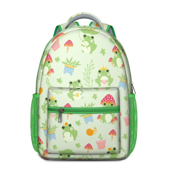 Cute Green Frog Print Waterproof Backpack - Stylish Lightweight Bookbag for Teens, Durable School Backpack with Breathable Mesh & Nature-Inspired Design