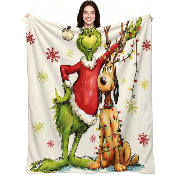 Cute Green Furry Character & Puppy Print Flannel Blanket, Soft Cozy Warm, Fun Christmas Decorative Throw Blanket for Couch Bed Sofa Living Room Bedroom Holiday Gift