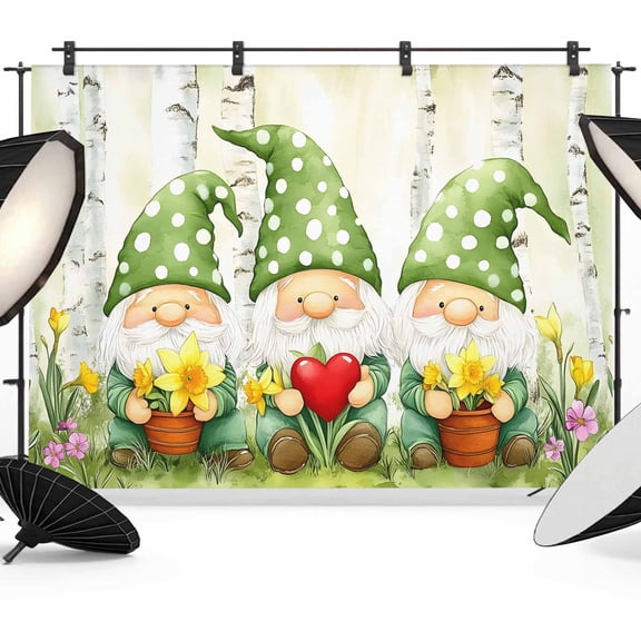 Cute Green Gnomes Backdrop for Photoshoot, Photography Photo Studio Background Wall Backdrop, Flowers Forest Heart Vintage Back Drop Banner Panel for Portraits Wedding Live Streaming Decor 7x5Ft