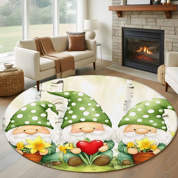 Cute Green Gnomes Round Area Rug 7 FT, Non Slip Living Room Area Carpet, Flowers Forest Heart Vintage Washable Soft Circular Rug Non-Shedding Floor Carpet for Bedside Office Play Room Classroom