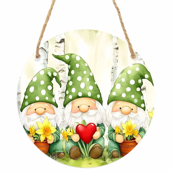 Cute Green Gnomes Round Front Door Welcome Sign, 5.9 Inch Wall Hanging Decor for Indoor Outdoor, Flowers Forest Heart Vintage Home Porch Hanger Decorations for Holiday Gift