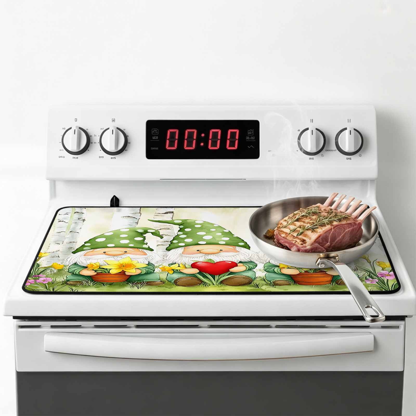 Cute Green Gnomes Stove Top Cover for Electric Stove, Heat-proof & Non Slip Glass Top Stove Cover Protector, Flowers Forest Heart Vintage Kitchen Flat Cooktop Rubber Mat 24x21 Inches