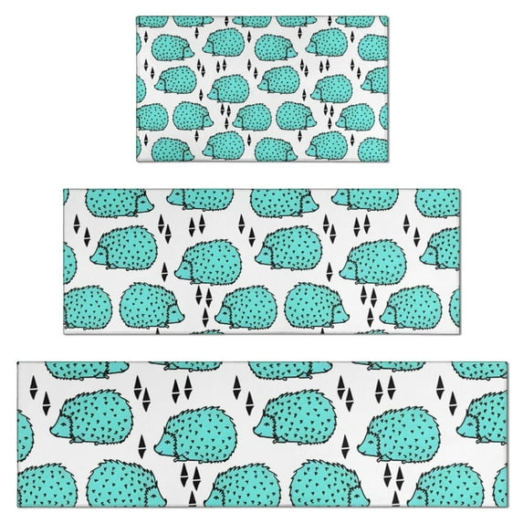 Cute Green Hedgehog Kitchen Rugs Sets Of 3,Kitchen Runner Rugs Non Skid Washable,Decorative Kitchen Floor Mats for Kitchen,Sink,Laundry,17"x30"+ 17"x47" + 17"x59"