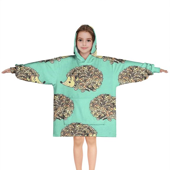 Cute Green Hedgehog Pattern Blanket Hoodies for Kids 6-13YR Oversize Wearable Blanket Hoodies for Boys Girls Teens