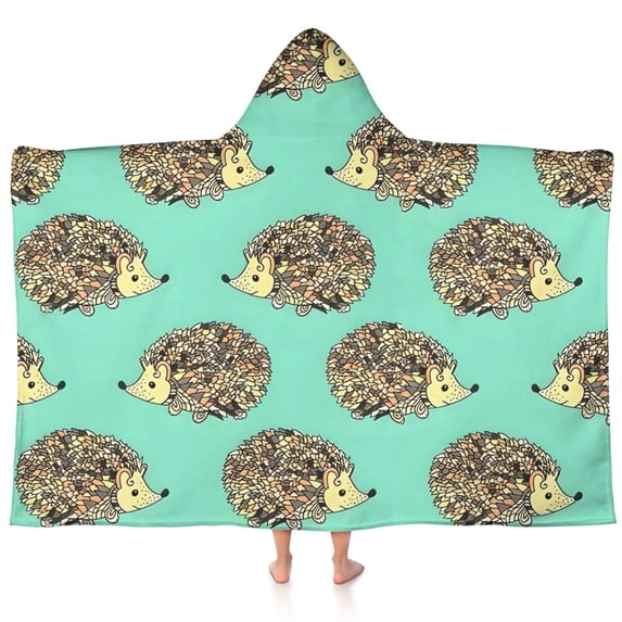 Cute Green Hedgehog Pattern Hooded Bath Towel,60"x35" for Ages 3 To 12 Kids, Quick Dry Lightweight Soft Microfiber Hood Beach Towel Cover Up for Kids