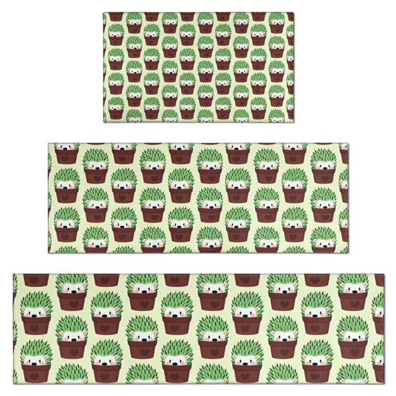 Cute Green Hedgehog Pattern Kitchen Rugs Sets Of 3,Kitchen Runner Rugs Non Skid Washable,Decorative Kitchen Floor Mats for Kitchen,Sink,Laundry,17"x30"+ 17"x47" + 17"x59"