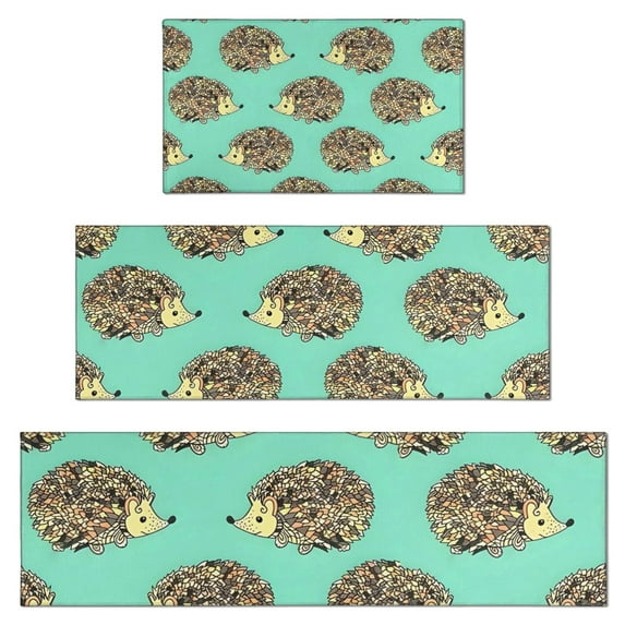 Cute Green Hedgehog Pattern Kitchen Rugs Sets Of 3,Kitchen Runner Rugs Non Skid Washable,Decorative Kitchen Floor Mats for Kitchen,Sink,Laundry,17"x30"+ 17"x47" + 17"x59"