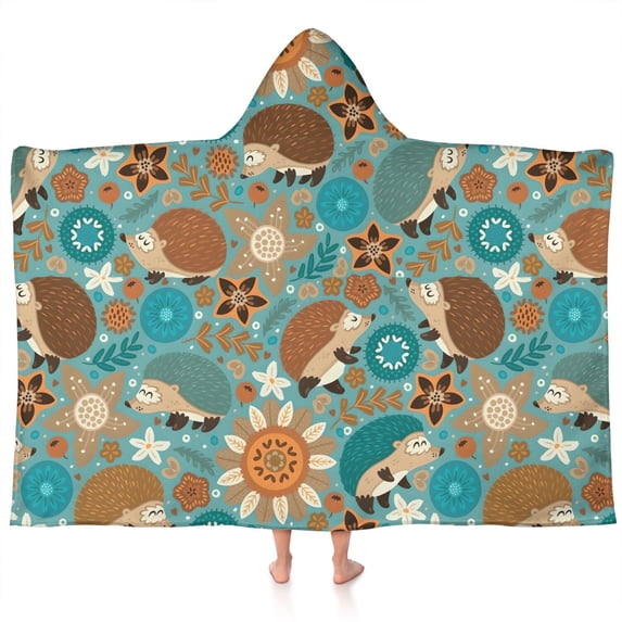 Cute Green Hedgehog Pattern with Pioneer Flower Hooded Bath Towel,60"x35" for Ages 3 To 12 Kids, Quick Dry Lightweight Soft Microfiber Hood Beach Towel Cover Up for Kids