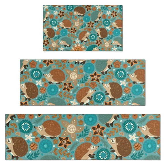 Cute Green Hedgehog Pattern with Pioneer Flower Kitchen Rugs Sets Of 3,Kitchen Runner Rugs Non Skid Washable,Decorative Kitchen Floor Mats for Kitchen,Sink,Laundry,17"x30"+ 17"x47" + 17"x59"