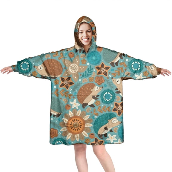 Cute Green Hedgehog Pattern with Pioneer Flower Wearable Oversized Blanket,Wearable Blanket Hoodie for Adults,Cozy Hooded Blankets with Super Pockets,Super Warm Fuzzy Pullover for Women & Men
