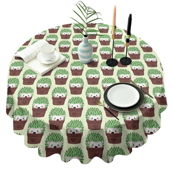 Cute Green Hedgehog Pattern Round Tablecloth 60"x60",Wrinkle Wipeable Table Cloth for Kitchen Dining Room Picnic Patio Party
