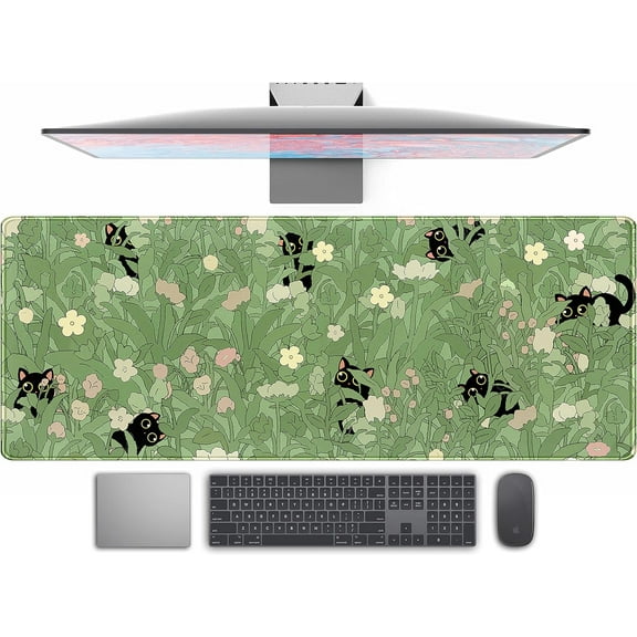 Cute Green Leaves Pink Flowers Mouse Pad Desk Pad Kawaii Anime Cat Desktop Protector Decor Desk Mat, XL Large Gaming Mousepad for Girl Women Laptop Computer Keyboard and Mouse Mat 31.5x11.8 in