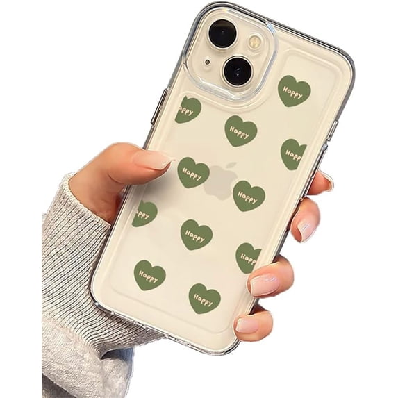 Cute Green Love Heart Happy Soft Phone Case Compatible with iPhone Case (Clear,iPhone 13 Pro)