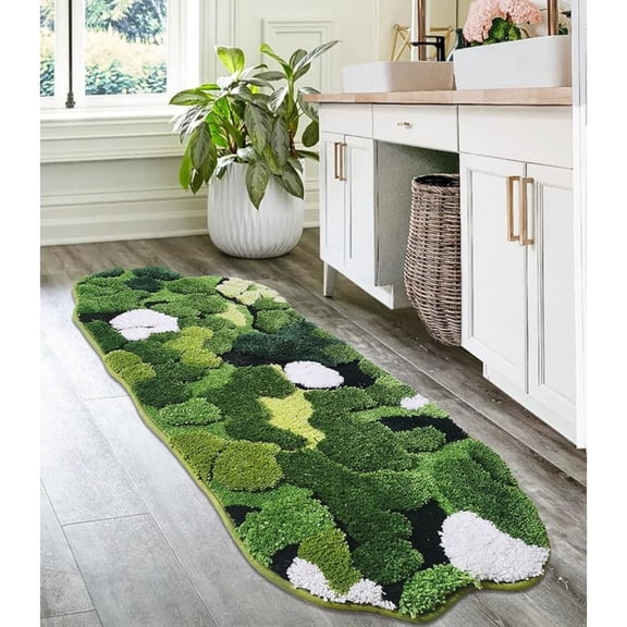 Cute Green Moss Bathroom Runner Rug Long Rectangular Boho Aesthetic Leaf Leaves Bath Mat Shaggy Non Slip Absorbent Shower Mat Dr