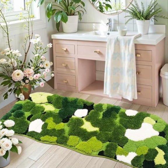 Cute Green Moss Bathroom Runner Rugs 24 x 60 Inch Extra Large Boho Aesthetic Leaves Bath Mats Shaggy Non Slip Absorbent Shower Mat for Kitchen Bedroom Sinks Cottagecore Decor