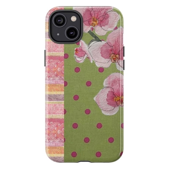 Cute Green Polka Dot Orchid Phone Case, Pink Flower & Paisley Patchwork ...