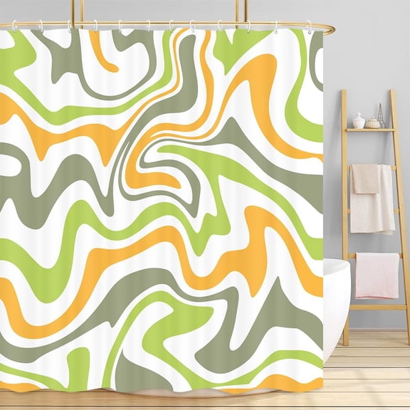 Cute Green Shower Curtain, Aesthetic 70s Abstract Wavy Swirl Boho Orange Bath Curtain, Retro Funky Groovy Rainbow Waves Stripes Trippy Bathroom Accessories Fabric Teen Girls Restroom Decor, 72X84in