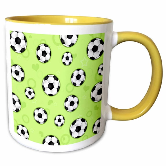 3drose, Cute Green Soccer Star Print, 15oz Two-tone Yellow Mug