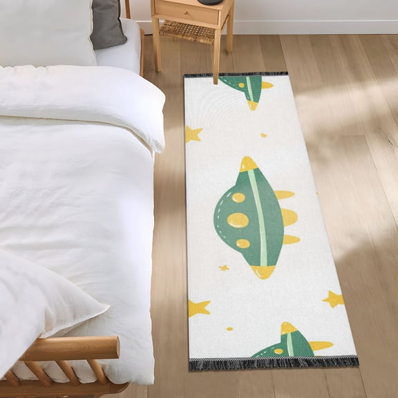 Cute Green Ufos Stars Bedside Runner Rug 2'x 6' Non Slip Carpet Floor Mat Area Rug