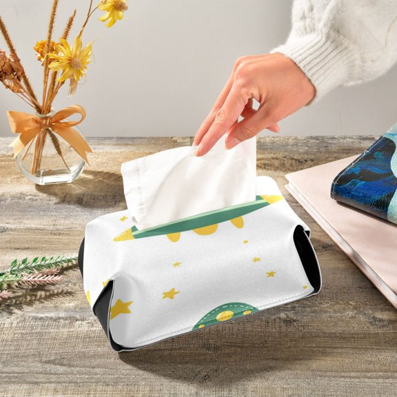 Cute Green Ufos Stars Leather Tissue Box Cover Rectangle Tissue Holder Foldable