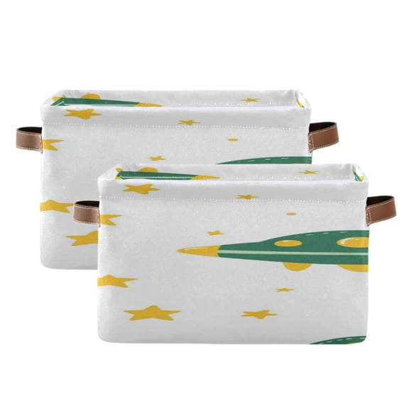Cute Green Ufos Stars Square Storage Bins with Handles Collapsible Containing Box 2 Packs