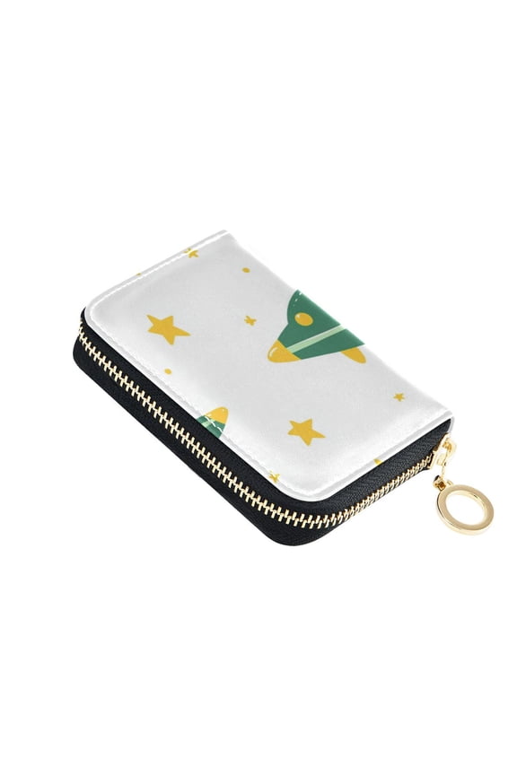 Cute Green Ufos Stars Women's Credit Card Holder PU Leather Zipper Wallet RFID Blocking