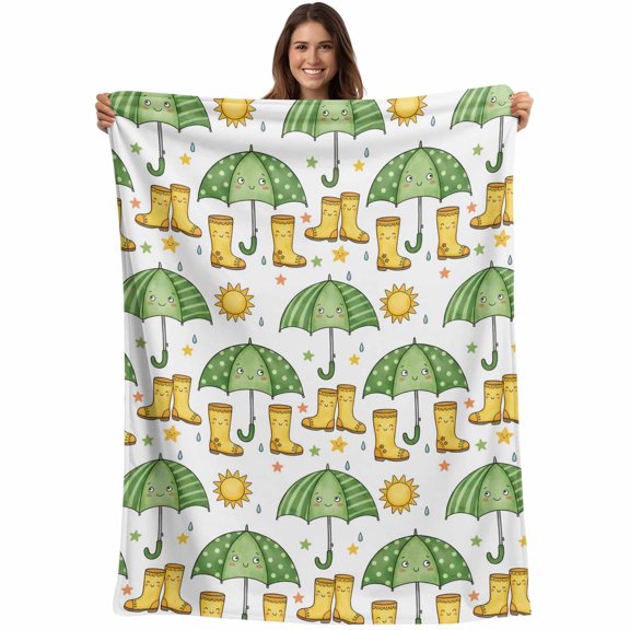 Cute Green Umbrella Blanket Soft Cozy Warm Throw Blanket for Couch, Plush Fuzzy Flannel Fleece Blankets for Sofa, Cartoon Rain Boots Bed Blankets Lightweight Gifts for Women, 50"x60"