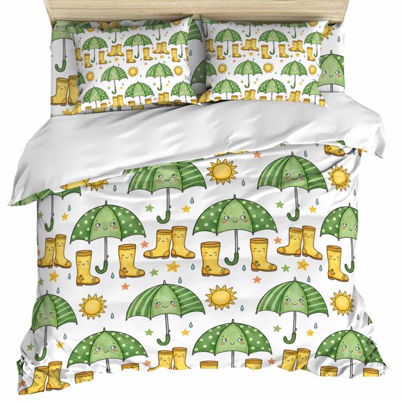 Cute Green Umbrella Set of 4 Bedding Quilt Covers, Cartoon Rain Boots 4-Piece Bed Sheet Set with Extra Soft Bed Sheets Quilt Cover Pillowcase, Twin