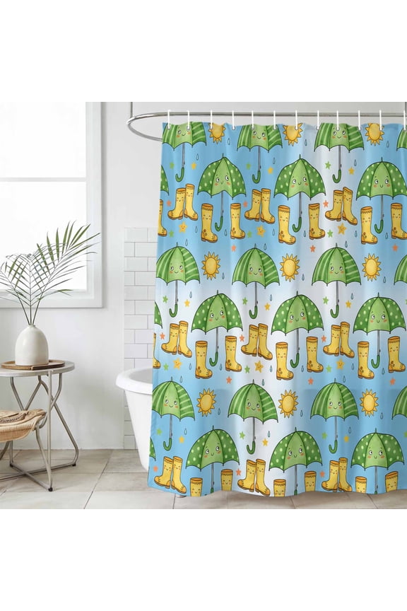 Cute Green Umbrella Shower Curtain Set, Waterproof Shower Curtains for Bathroom, Cartoon Rain Boots Blue Ombre Washable Fabric Cloth Bath Curtain for Bathtub Decoration with Hooks 66x72 Inches