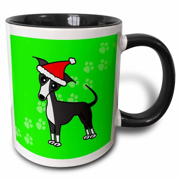 3drose, Cute Grey Blue Italian Greyhound Green with Santa Hat, 15oz Two-tone Black Mug